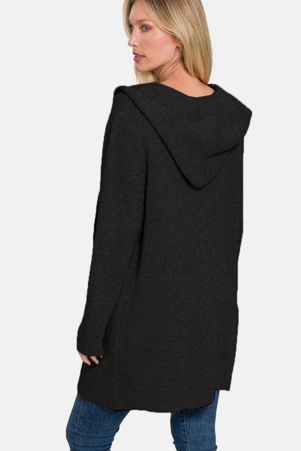 Zenana Black Hooded Open Front Sweater Cardigan