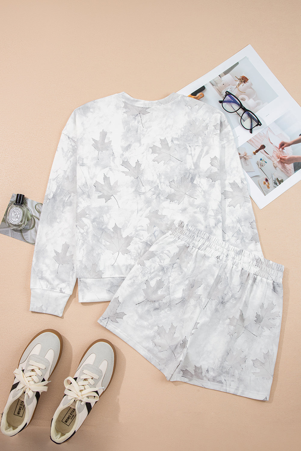Beige camo abstract short sleeve top and elastic waist shorts set boutique loungewear outfit