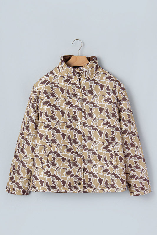 multicolor camo quilted button collar long sleeve boutique puffer coat