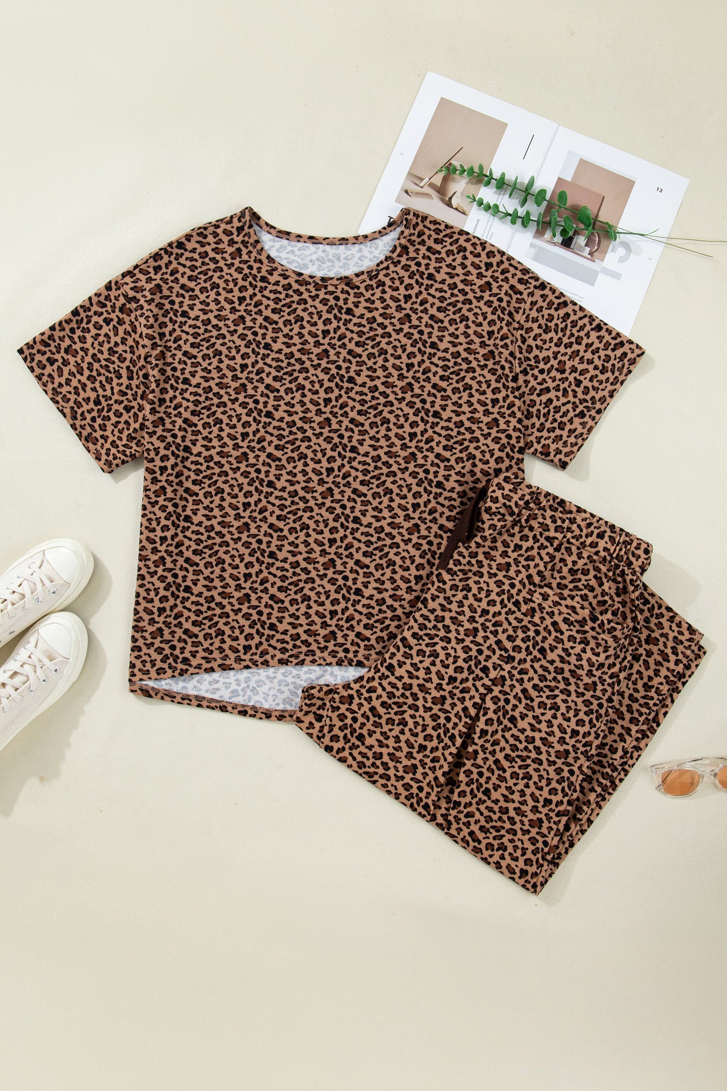plus size brown leopard short sleeve top and pleated pants set