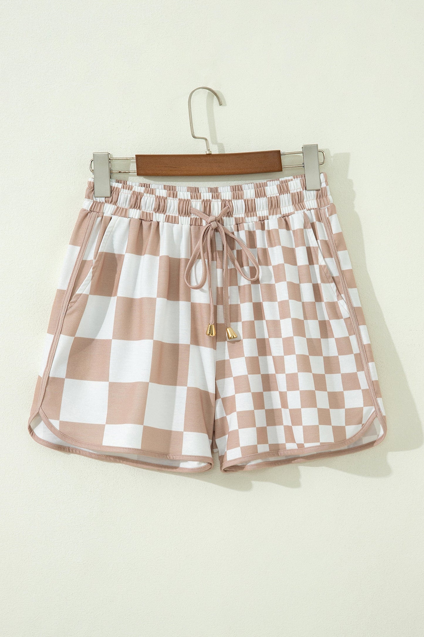 khaki checker patchwork beaded drawstring shorts for women