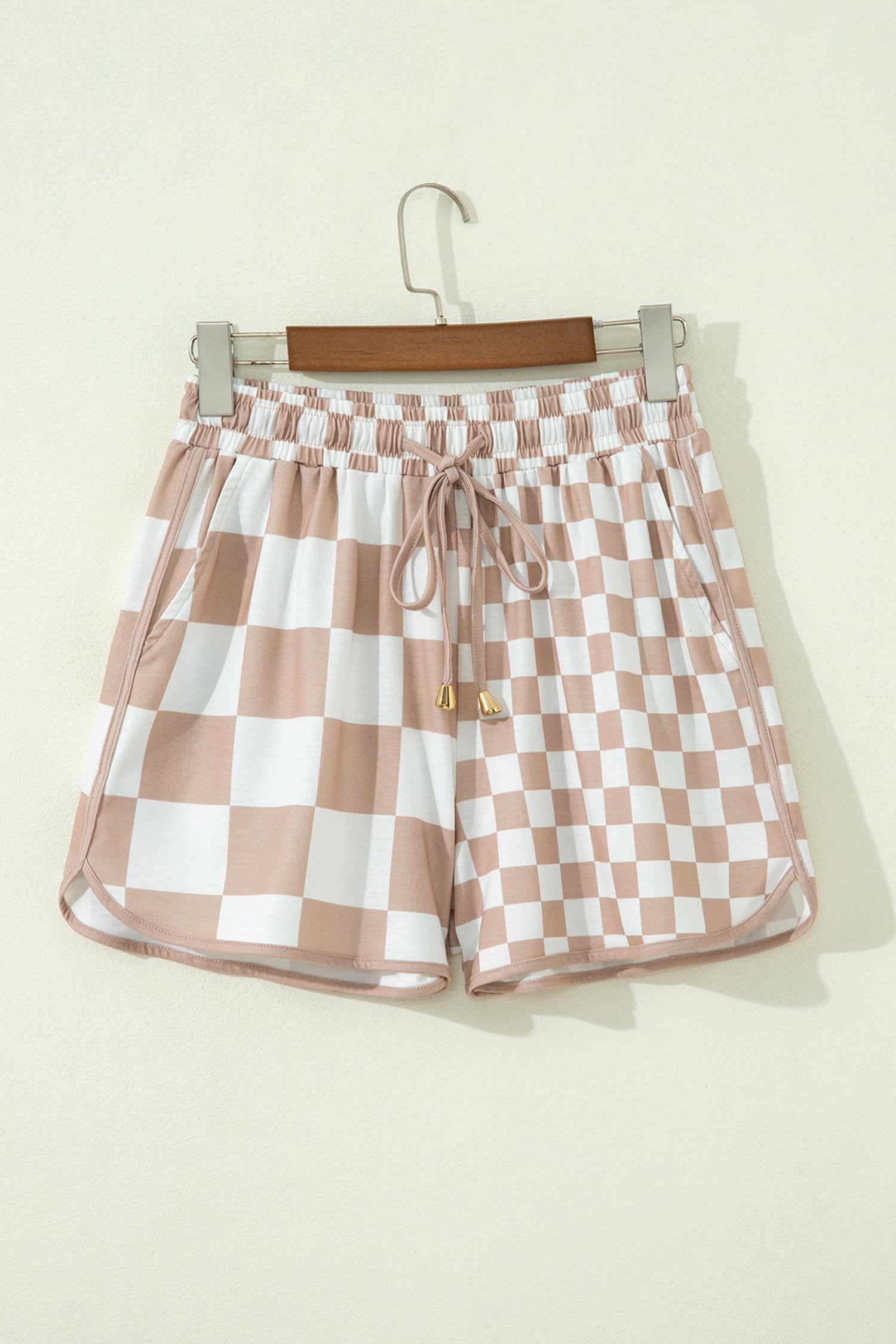 khaki checker patchwork beaded drawstring shorts for women