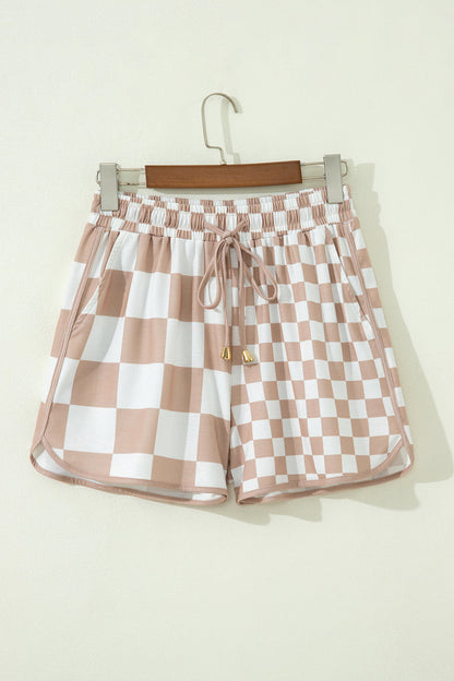 khaki checker patchwork beaded drawstring shorts for women