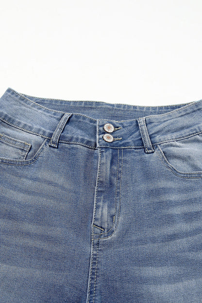 sky blue buttoned high waist raw hem skinny jeans for women