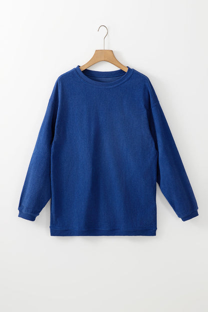 Chestnut ribbed corduroy oversized long sleeve sweatshirt with cozy boutique styling