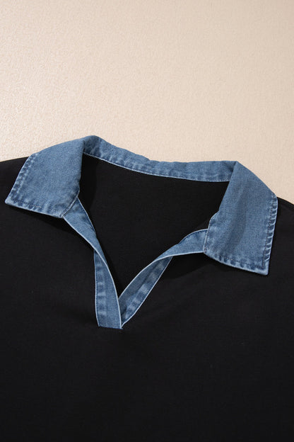 plus size black V-neck knit blouse with contrast denim collar boutique top