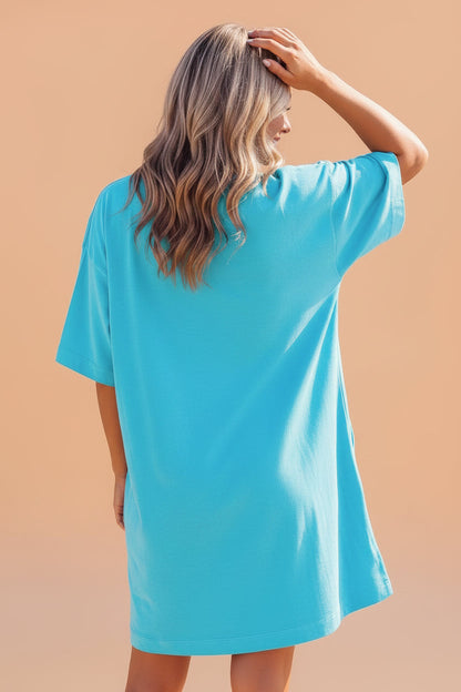 solid light blue drop shoulder t-shirt mini dress with pockets