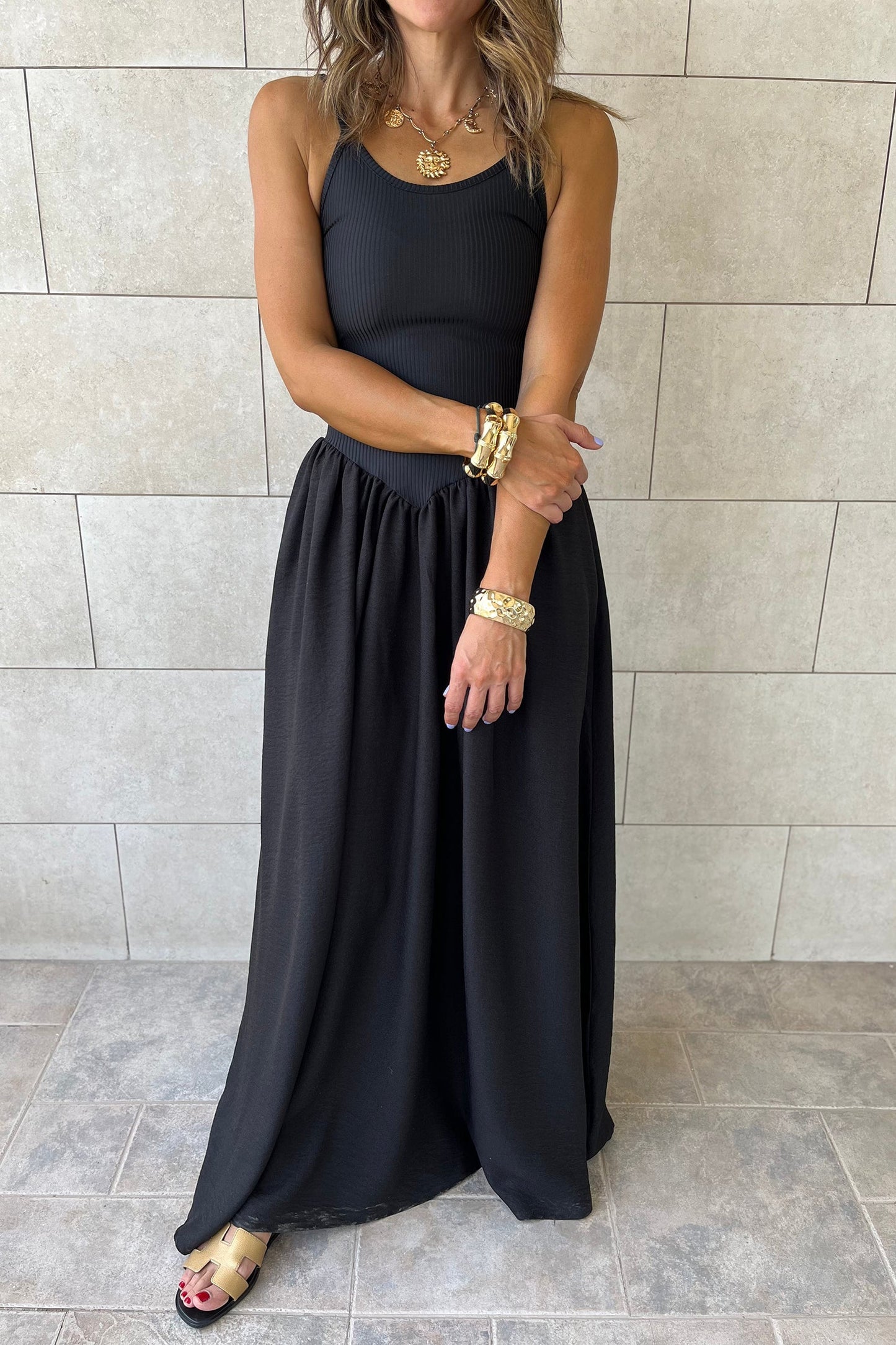 Solid Ribbed Patchwork Drop Waist Maxi Dress boutique apparel from Mollie Mae Boutique