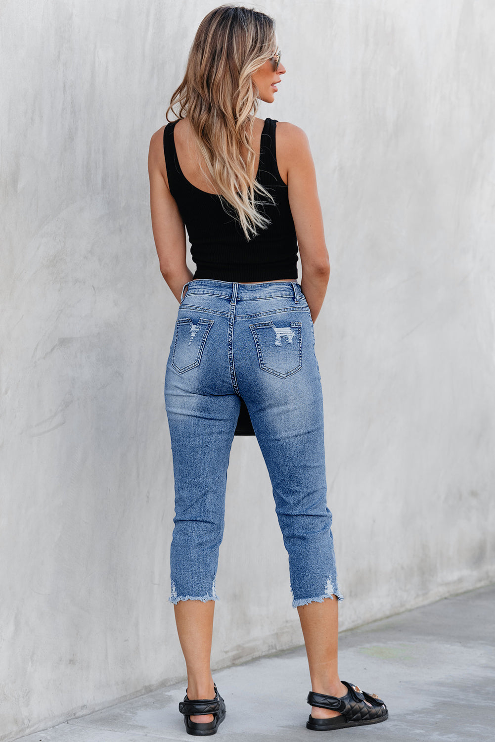 Georgia distressed skinny capri jeans in sky blue washed denim for women