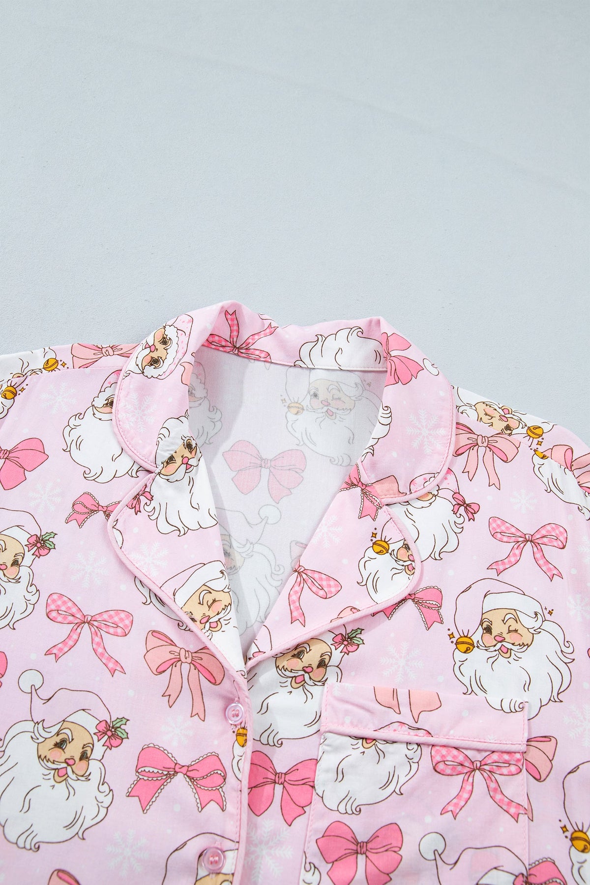 pink Santa Christmas pajama set with long sleeve top, pants and bow print boutique loungewear