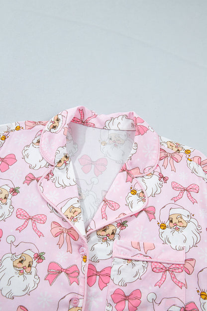 pink Santa Christmas pajama set with long sleeve top, pants and bow print boutique loungewear