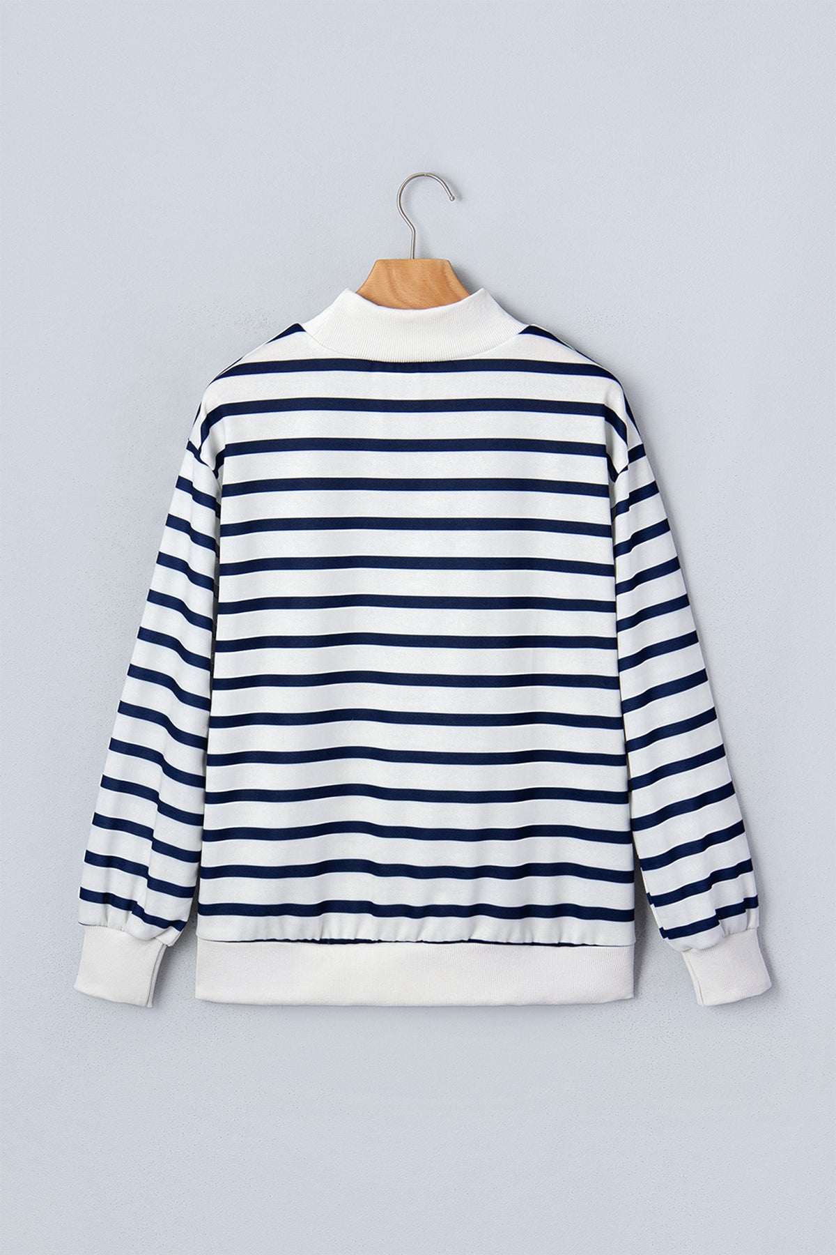 Blue Stripe Ribbed Trim Stand Neck Sweatshirt featuring boutique-style details and relaxed everyday fit