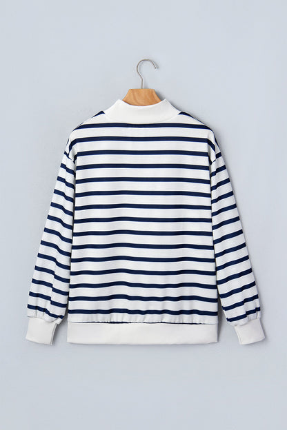Blue Stripe Ribbed Trim Stand Neck Sweatshirt featuring boutique-style details and relaxed everyday fit