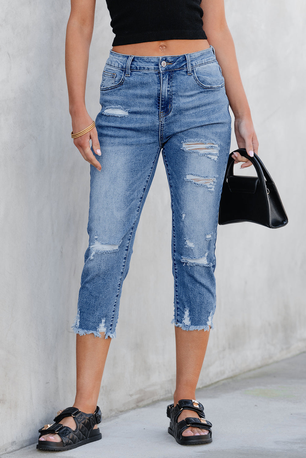 Georgia distressed skinny capri jeans in sky blue washed denim for women