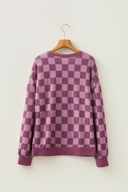 Red Checker Corded Knit Trim Long Sleeve Top with checker print women's boutique fashion