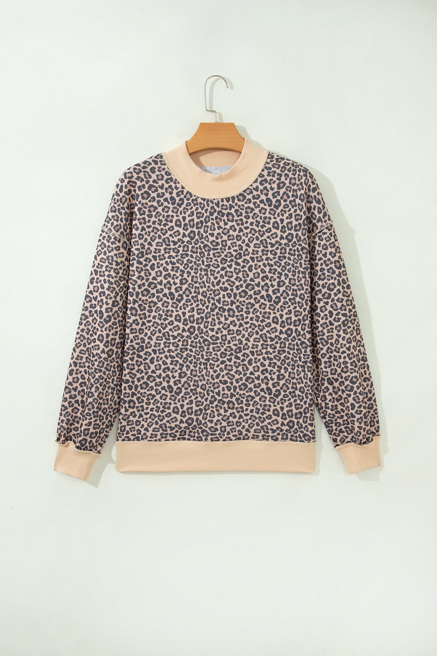 multicolor leopard print high neck ribbed trim sweatshirt with leopard print, high neckline and ribbed trim, women’s boutique fashion