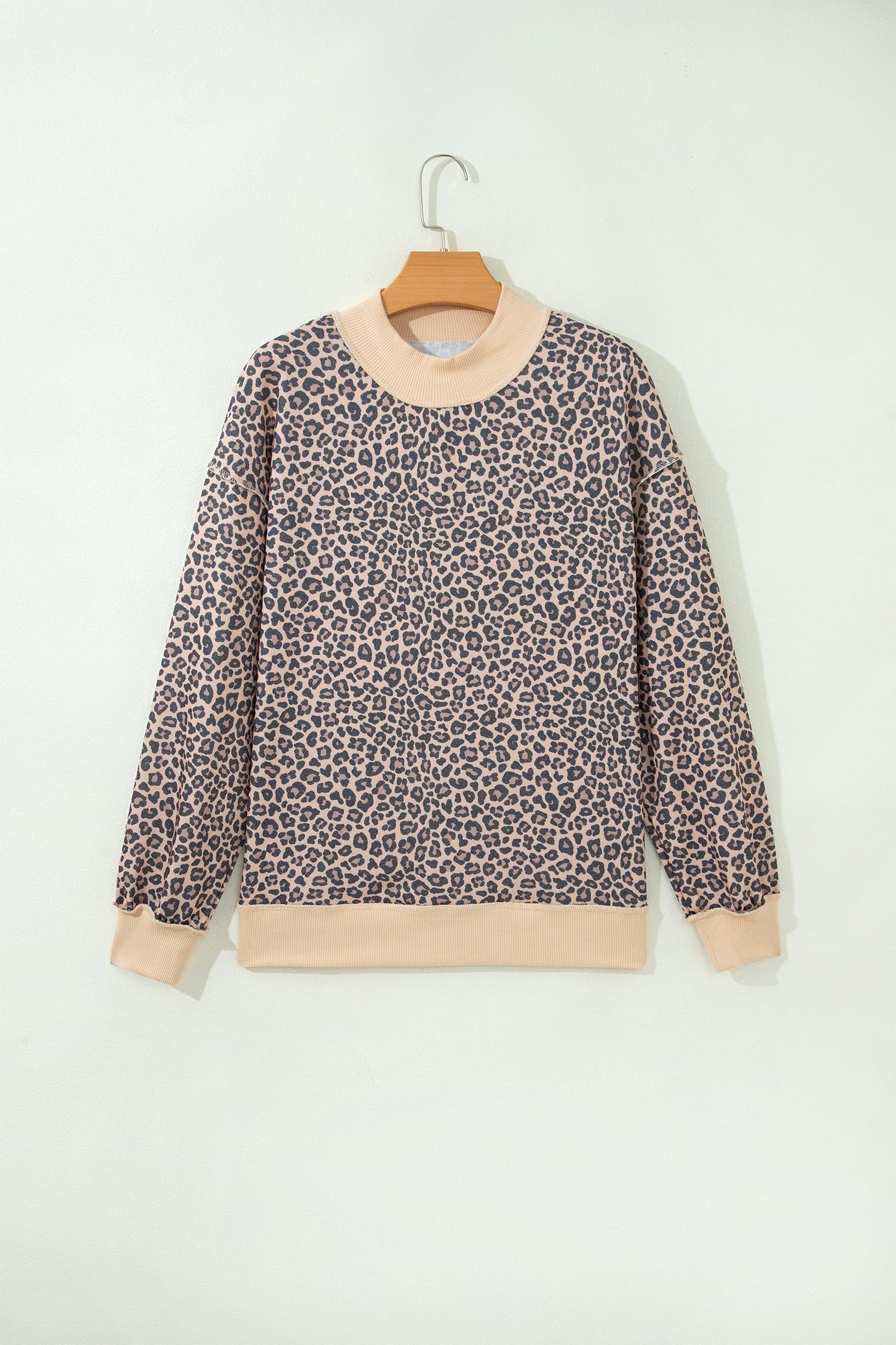 multicolor leopard print high neck ribbed trim sweatshirt with leopard print, high neckline and ribbed trim, women’s boutique fashion