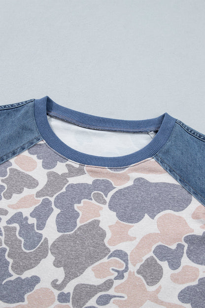 Camo Colorblock Denim Raglan Short Sleeve Tee