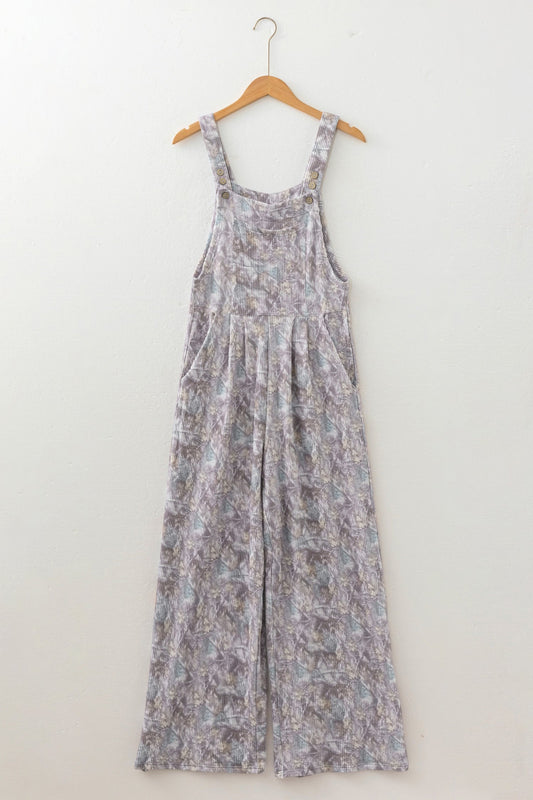 Brown Camo Corded Knit Wide-Leg Jumpsuit with adjustable straps, handy pockets, and a relaxed wide-leg fit, boutique fashion