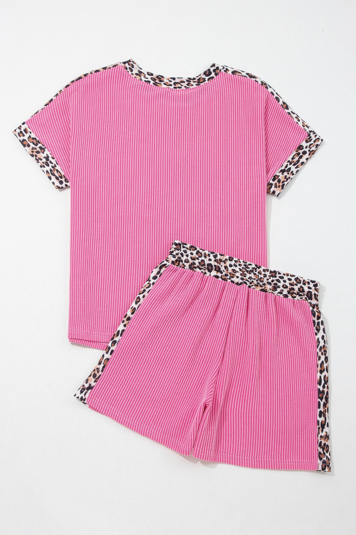 Sachet pink corded knit top and shorts set with leopard trim accents and relaxed boutique loungewear style