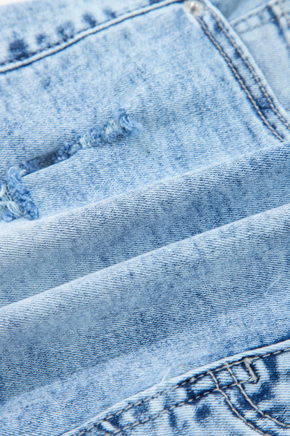 Beau blue acid wash high waist denim shorts with distressed details and casual boutique summer style