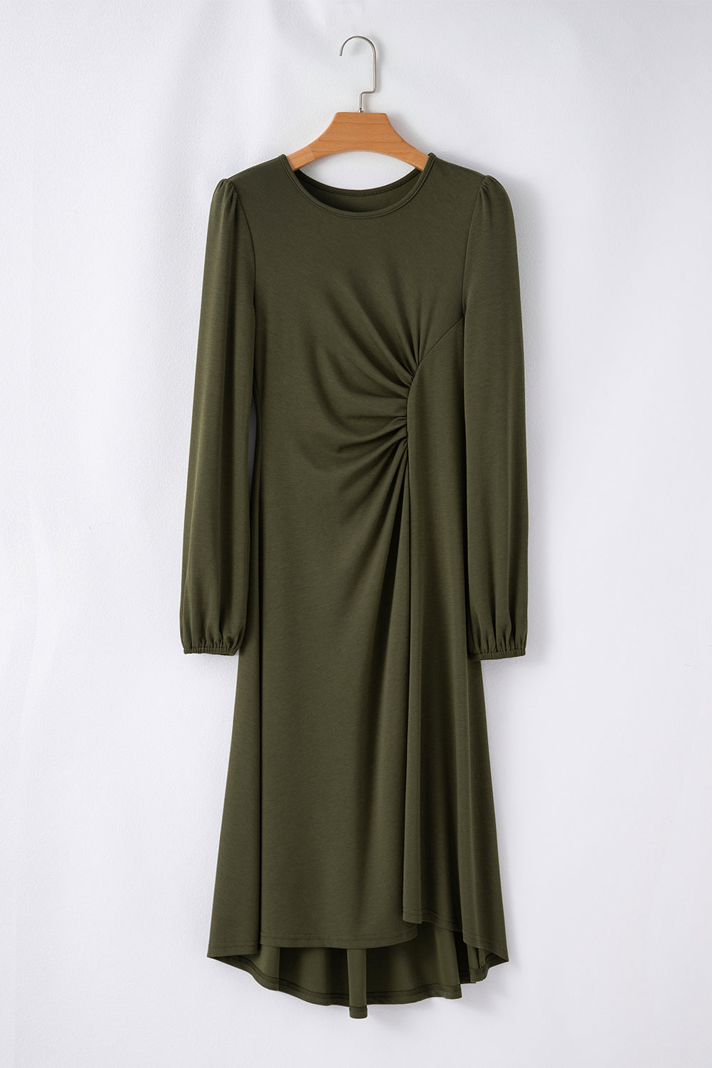 Jungle green ruched puff sleeve midi dress with flattering waist and boutique style