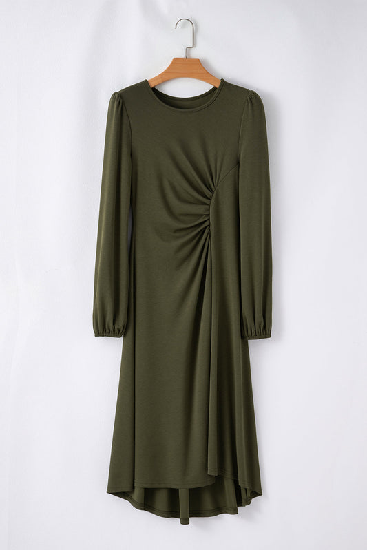 Jungle green ruched puff sleeve midi dress with flattering waist and boutique style
