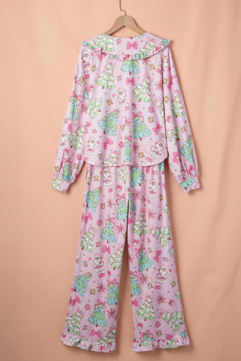 pink Christmas pajama set with ruffle collar, long sleeves and festive print boutique loungewear