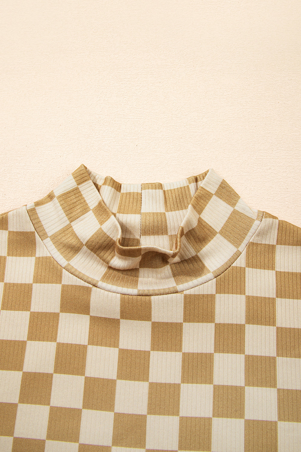 Khaki checker ribbed knit turtleneck long sleeve top with fitted boutique style