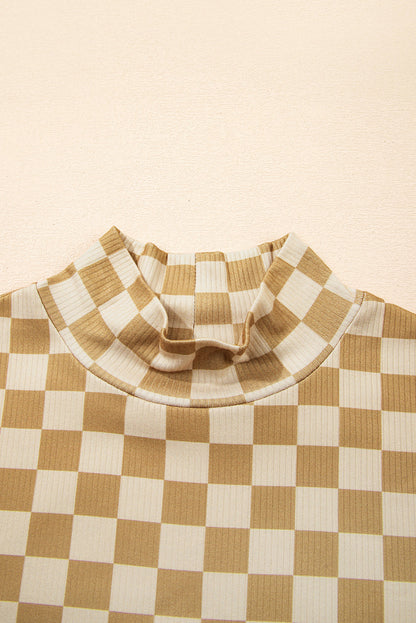 Khaki checker ribbed knit turtleneck long sleeve top with fitted boutique style