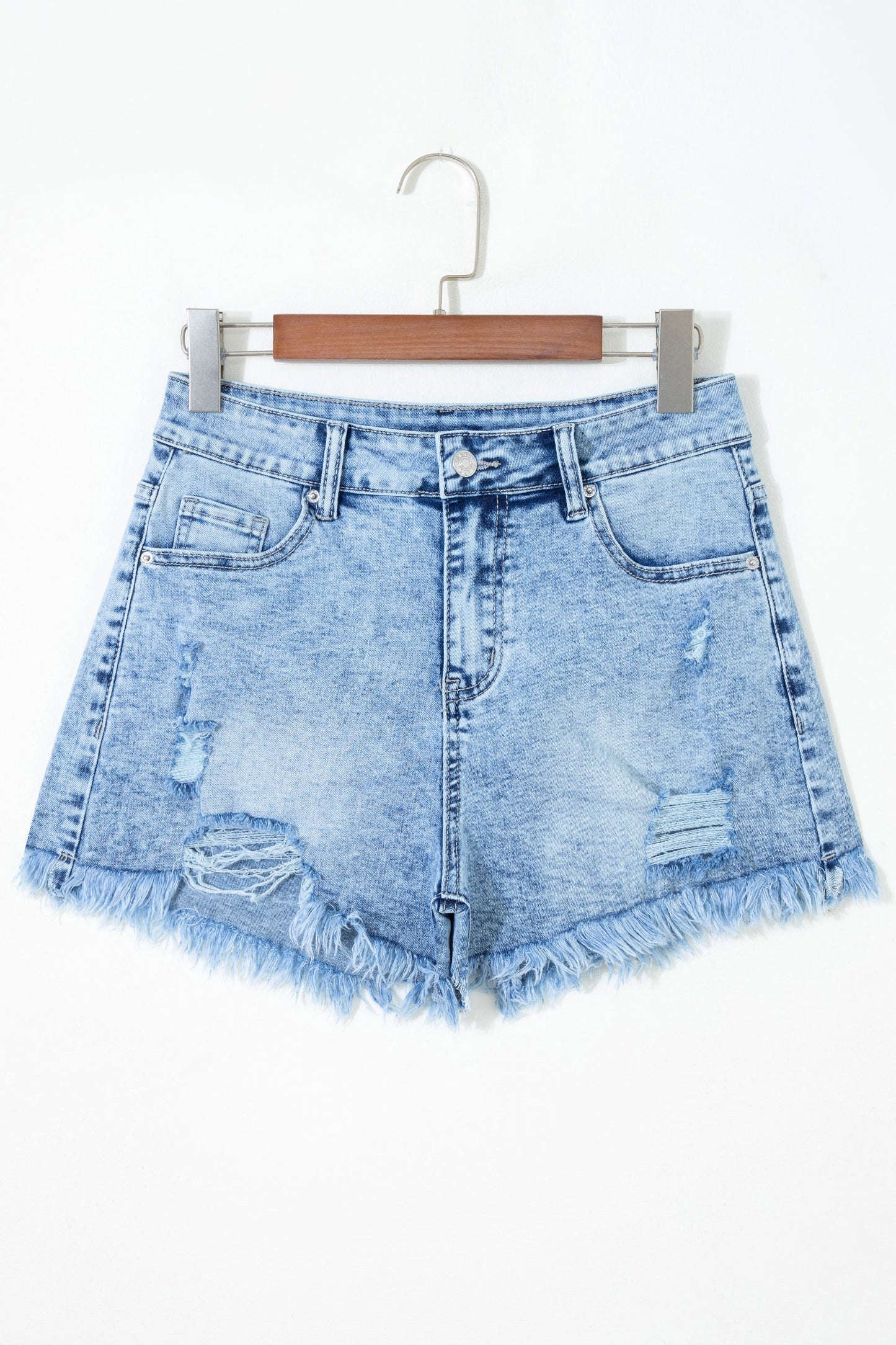 Beau blue acid wash high waist denim shorts with distressed details and casual boutique summer style