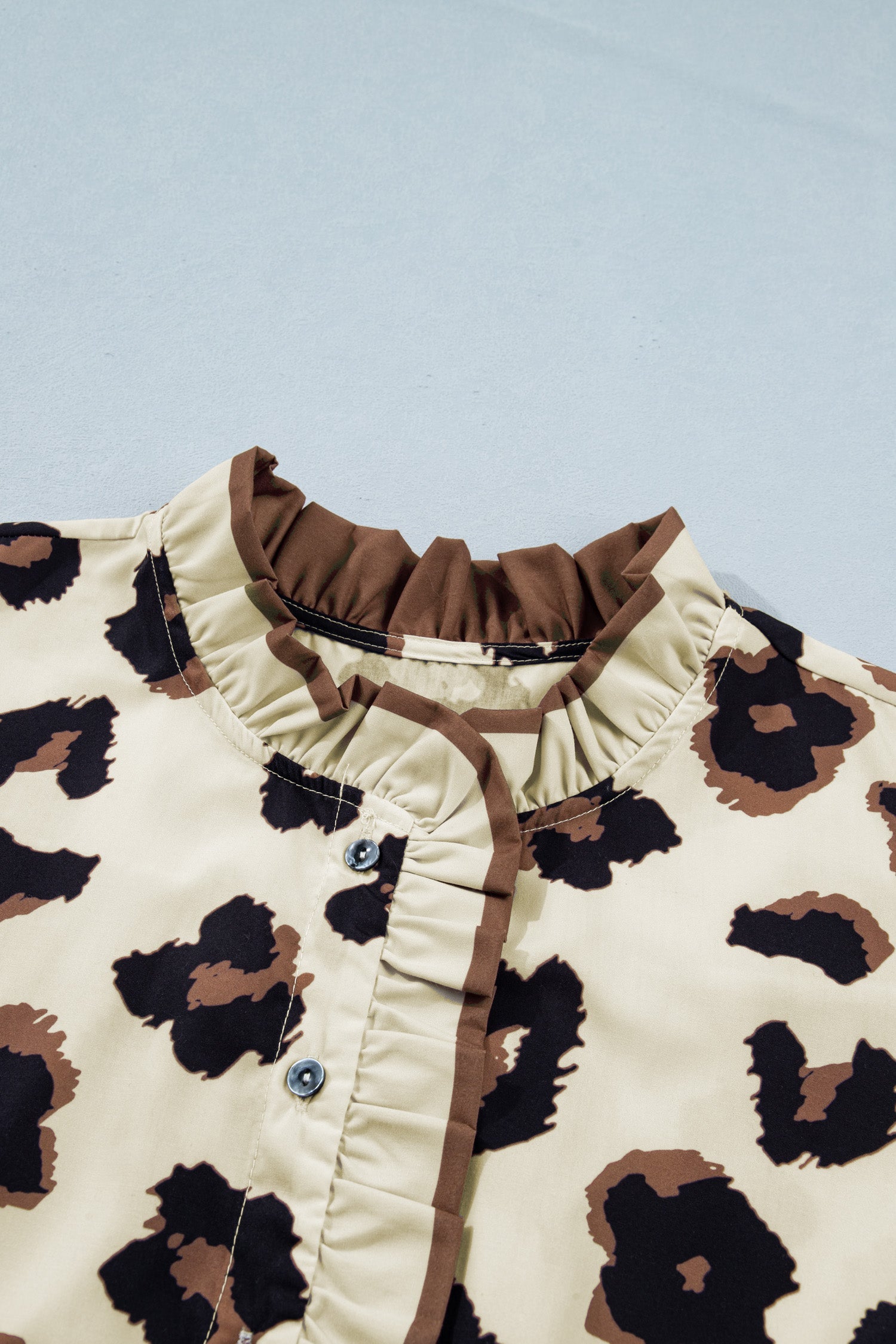plus size khaki leopard frilled button down blouse for women