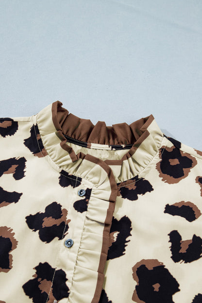 plus size khaki leopard frilled button down blouse for women