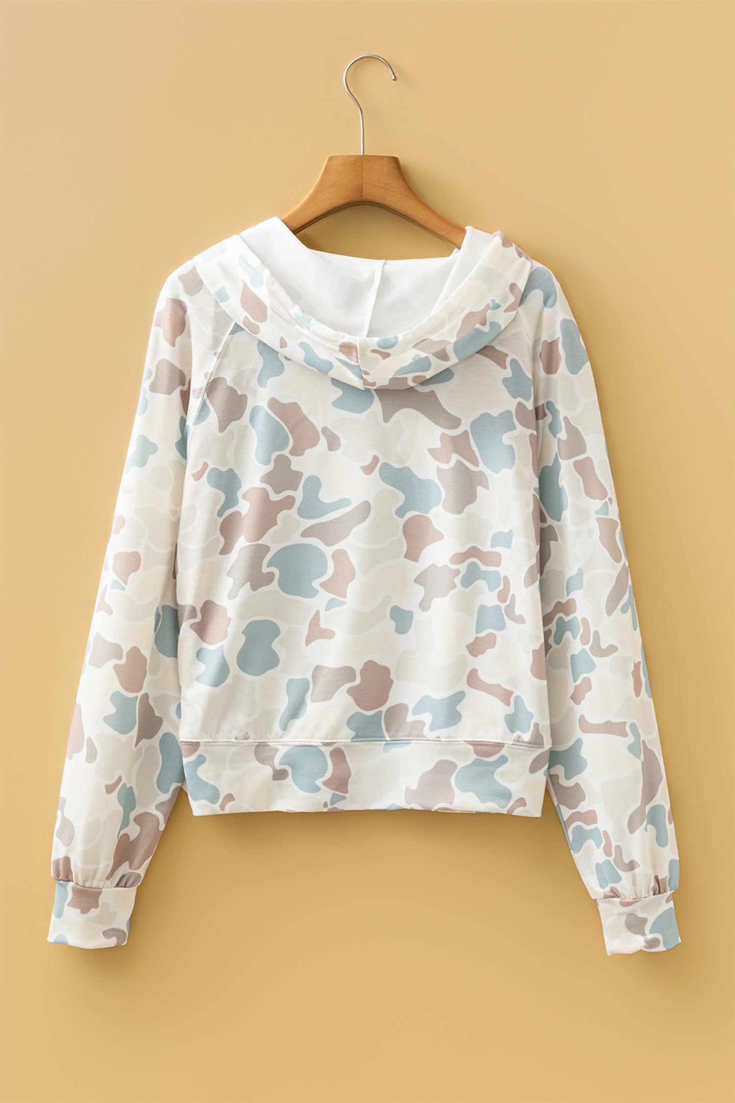 Beige Camo Long Sleeve Hooded Pullover with a cozy hood, long sleeves, and relaxed camouflage style, boutique fashion