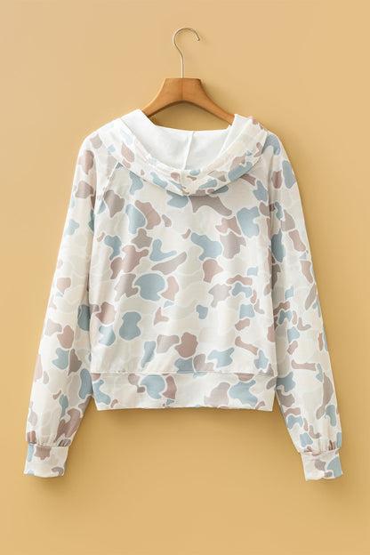 Beige Camo Long Sleeve Hooded Pullover with a cozy hood, long sleeves, and relaxed camouflage style, boutique fashion