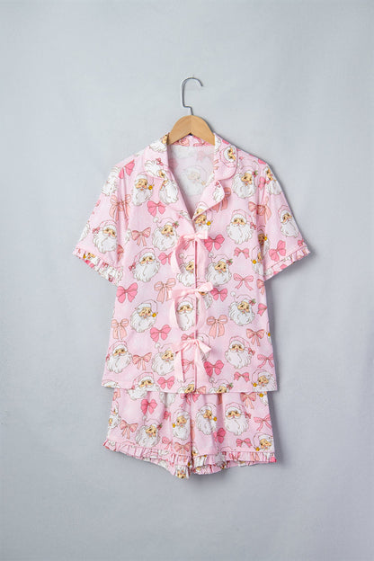 pink Santa and bow print collared top and shorts boutique pajama set