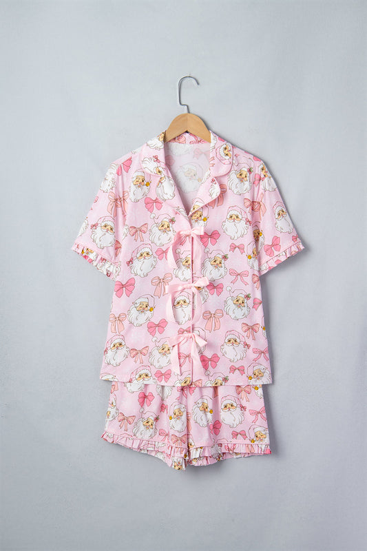 pink Santa and bow print collared top and shorts boutique pajama set