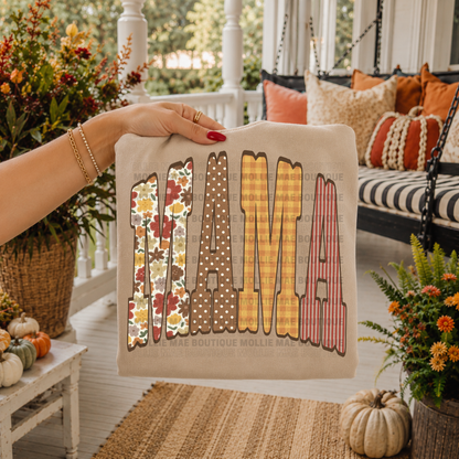 MAMA Fall Patchwork Graphic Tee or Crewneck Sweatshirt