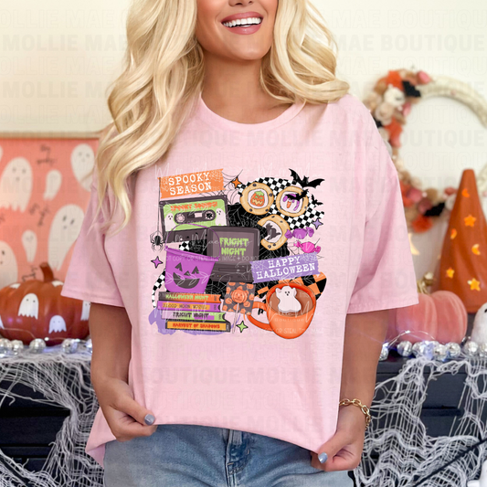 “Spooky Season Collage Tee on Gildan light pink with Halloween graphics”