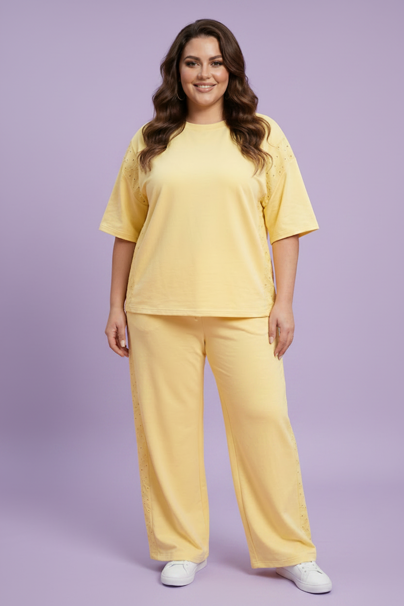 Plus Size Eyelet Embroidered Patchwork Top & Pants Set Pretty Bash women's boutique top from Mollie Mae Boutique